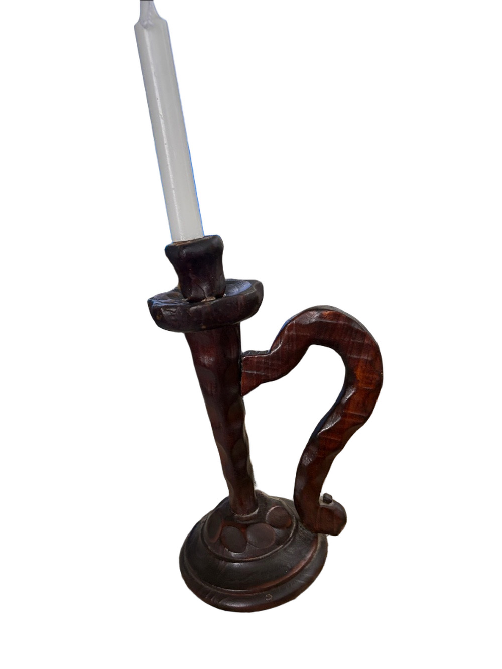 Handcrafted Dark Brown Wooden Candlestick Holder 1960 Brutalist Italian Design